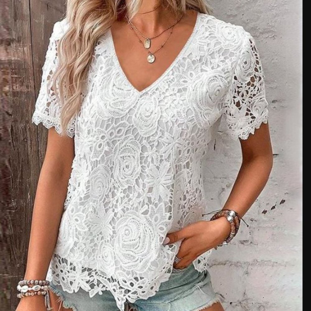 White Lace V-Neck Top - Women